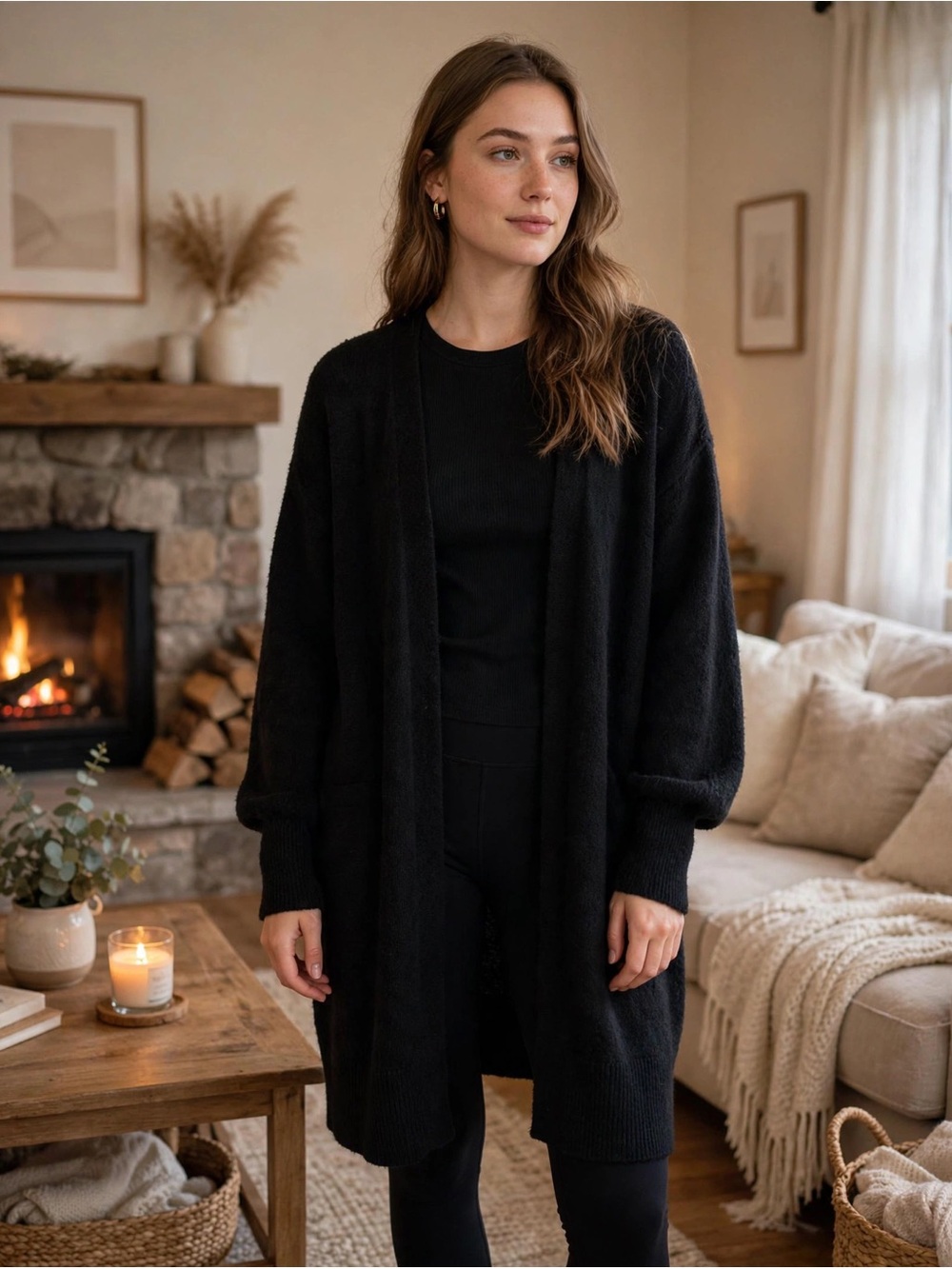 Nine West Black Open-Front Cozy Knit Cardigan